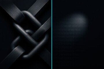 Secure Connection. An abstract collage blending a strong metal chain with a digital screen. A concept for security, blockchain technology, and robust connections.