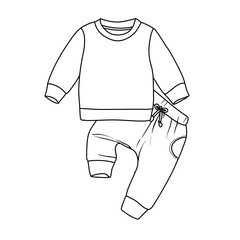 A simple line drawing of a babys outfit, featuring a long-sleeved top and matching pants with an elastic waistband.