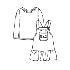 Detailed outline drawing of a long-sleeved shirt and a cat-themed dress, perfect for childrens fashion design and illustrations.