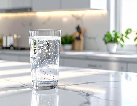 Refreshing Glass of Sparkling Water on a Marble Kitchen Countertop with Sunlight