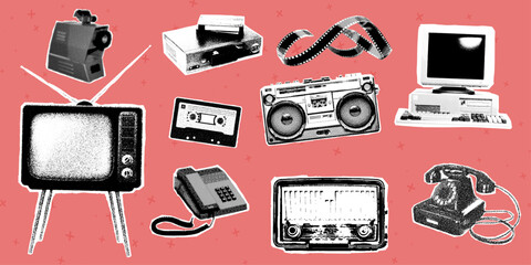 Collage elements with hand-cut shapes and a halftone effect. Vintage vector set. VCR, camera, projector, cassette, film, radio, TV, computer, telephone. Advertising packaging.