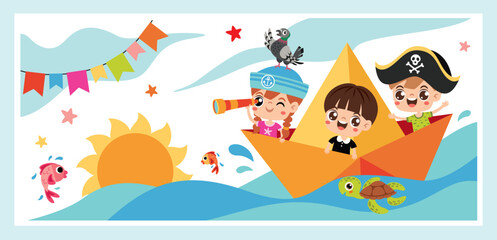 Kids Sailing On Origami Boat