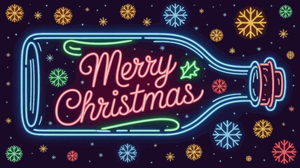 Naklejka premium Festive merry christmas message written in glowing neon lights inside a bottle surrounded by colorful snowflakes and stars