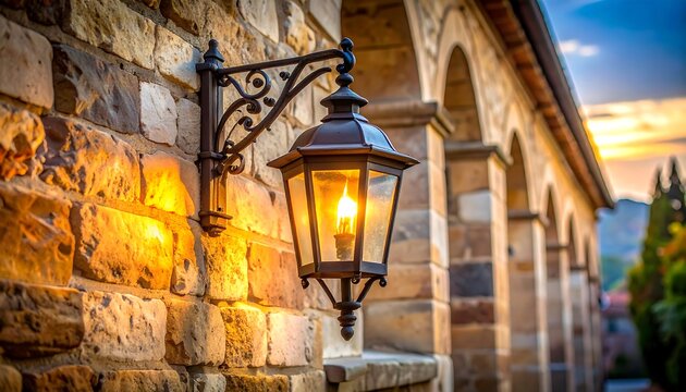 Warm light from an outdoor lantern on a stone wall, with archways in the background at sunset