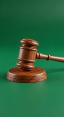 Wooden Gavel on Green Background - Symbol of Justice and Law.