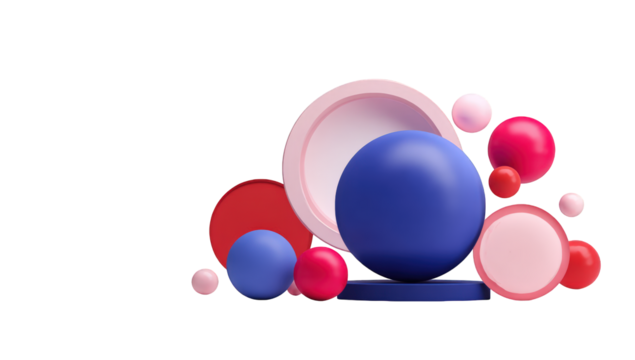 Abstract 3D composition of various colored spheres and circles