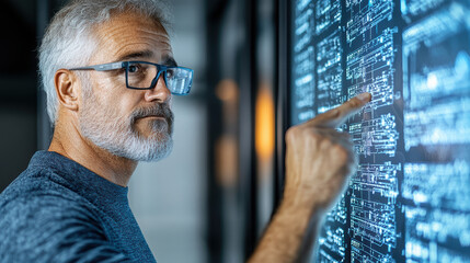 Digital interface interaction showcases mature man analyzing data on touchscreen display