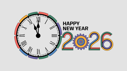 Obraz premium Happy new year 2026 celebration with a colorful clock face and stylized numbers indicating the approaching midnight countdown
