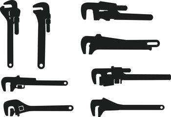 Silhouette set of pipe wrenches and plumbing tools for maintenance, industrial repair equipment illustration, flat vector design