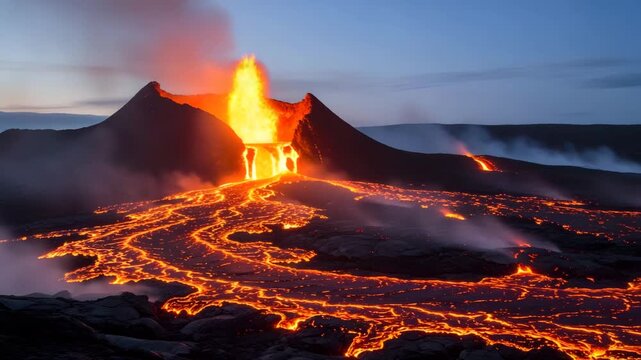 Fiery logs burning against a dark sky at dusk