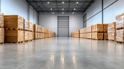 Spacious interior of storage facility with neatly stacked wooden pallets and boxes