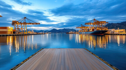Obraz premium International shipping port at dusk with illuminated cranes and calm water reflecting sky