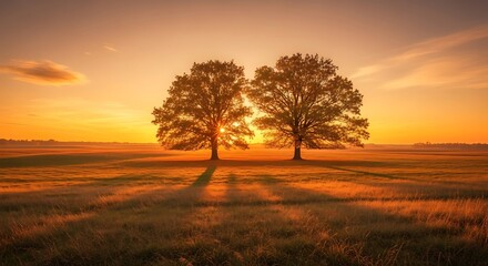 Fototapeta premium Golden Hour Serenity - Two Trees Embrace the Sunsets Warmth.