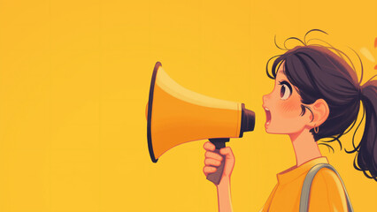 Girl speaking through a megaphone, Copy Space