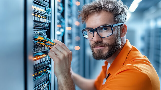 Technician working on server cables in data center, showcasing expertise and focus