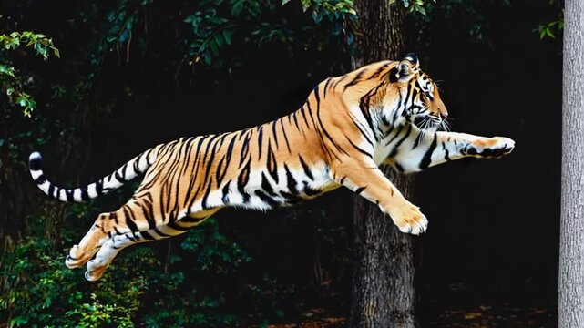 Tiger leaping through the air in a forest setting with trees and dark background visible clearly tiger video