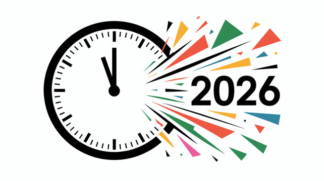 Clock face exploding into colorful abstract shapes and the year 2026 symbolizing future and celebration