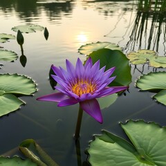 Purple Water Lily in a Serene Pond at Sunset.
