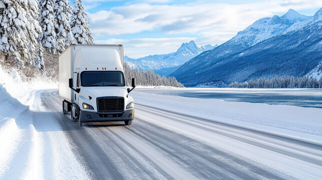 Fototapeta Winter truck driving on snowy road with mountains and lake scenery