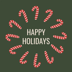 Festive Christmas poster with candy cane wreath and “Happy Holidays” text in flat style. Perfect for winter greeting cards, holiday banners and seasonal design projects