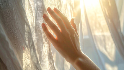Window View: A serene moment captured as a person gently touches the flowing curtain, inviting the soft glow of sunlight into the room, capturing the ethereal dance of light and shadow.
