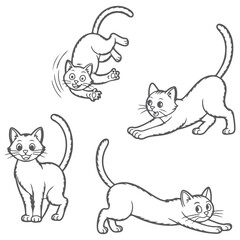 Playful Cat Poses Jumping, Stretching, Standing, and Crouching