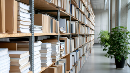 Obraz premium Organized shelves filled with various documents and books create serene atmosphere modern
