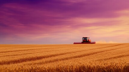 Fototapeta premium Harvester silhouetted against the sunset sky in a golden wheat field