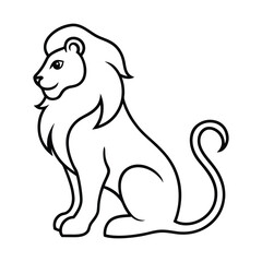 A simple cartoonstyle line drawing of a lion sitting facing left with a flowing mane and curled tail