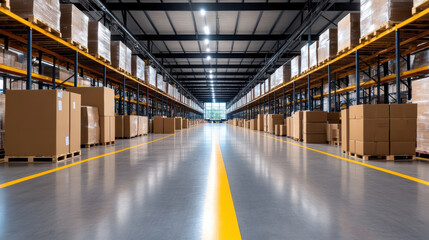 Obraz premium Efficient smart warehouse with organized boxes and bright lighting creating productive atmosphere