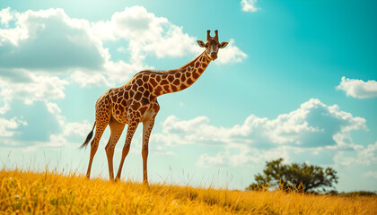 Obraz premium Giraffe grazing in golden grassland with bright blue sky, soft clouds and warm sunlight.