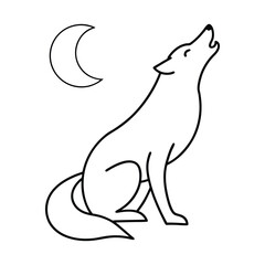 A wolf howls at a crescent moon in this minimalist outline drawing