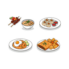 Modern flat vector illustration of traditional Indonesian street food set