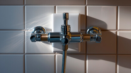 Technical close-up — compact heater unit on pristine tiled wall, neat chrome pipe connections forming geometric symmetry, precise lighting and shadow detail, with copy space.
