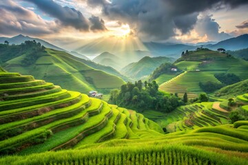 Obraz premium Sunlight streams over the lush green rice terraces in vietnam