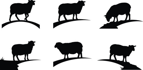 Sheep silhouette collection, grazing sheep on grassy hills, farm animal vector art, livestock illustration, countryside nature design, wool farming concept