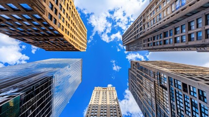 Stunning panoramic view of tall city skyscrapers reaching towards blue sky with clouds framing the urban landscape in daylight