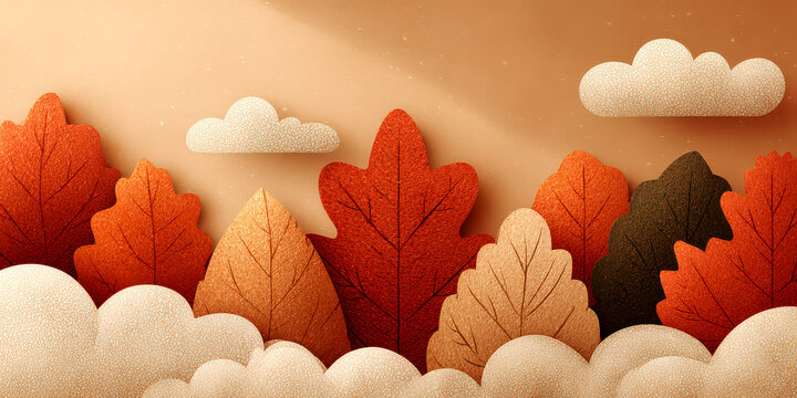 Paper Cutout Style Art of Autumn Leaves and Fluffy Clouds in Warm Shades of Orange and Brown