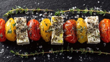 Grilled feta and cherry tomatoes arranged alternately on a dark surface, garnished with thyme sprigs and coarse sea salt
