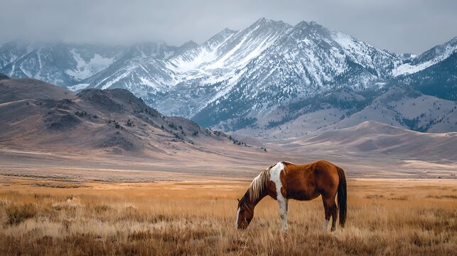 a lone majestic horse in a mountain pasture with snowy peaks
