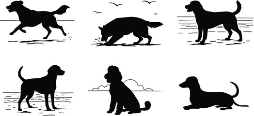 Black dog silhouettes on beach, running, sitting, standing, poodle, dachshund, outdoor pets, animal shapes, canine posture, coastal illustration art