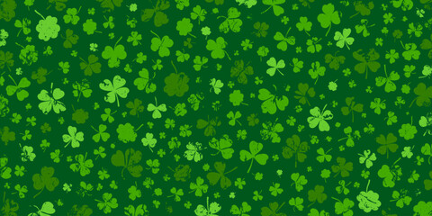 Shamrock or green clover leaves pattern background flat design vector illustration. St Patrick Day shamrock symbols decorative elements horizontal pattern texture.