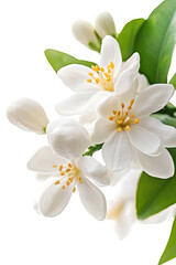 Fototapeta premium White citrus blossoms with green leaves