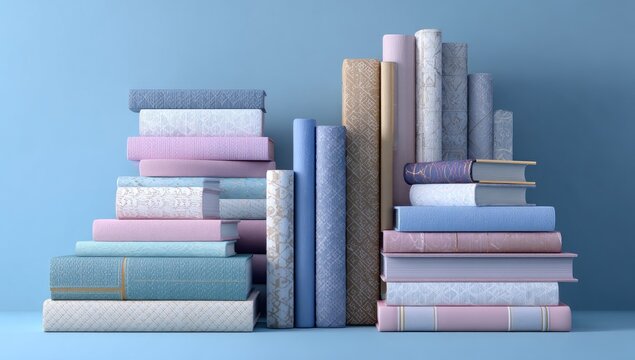 Pastel-colored books in stacks against a light blue background, showcasing various patterns and textures