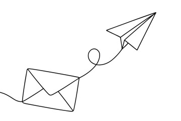 Simple Continuous one line drawing  of Paper envelope and flying paper plane as a mail concept. Transparent background png file