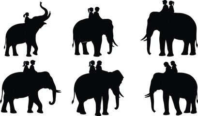 Elephant silhouette with riders, traditional travel, wildlife art, cultural journey, safari adventure, human animal bond, black shadow illustration design