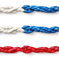 Colorful Twisted Ropes in Red, White, and Blue Arranged in Horizontal Lines on a White Background