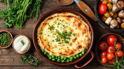 Deliciously Baked Casserole with Veggies and Creamy Topping on Rustic Wooden Table