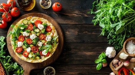 Fresh Vegetable Pizza with Tomatoes, Spinach, Garlic, and Herbs on Wooden Board Surrounded by Ingredients