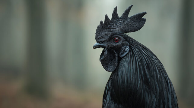 Black Ayam Cemani rooster crowing in forest mist.